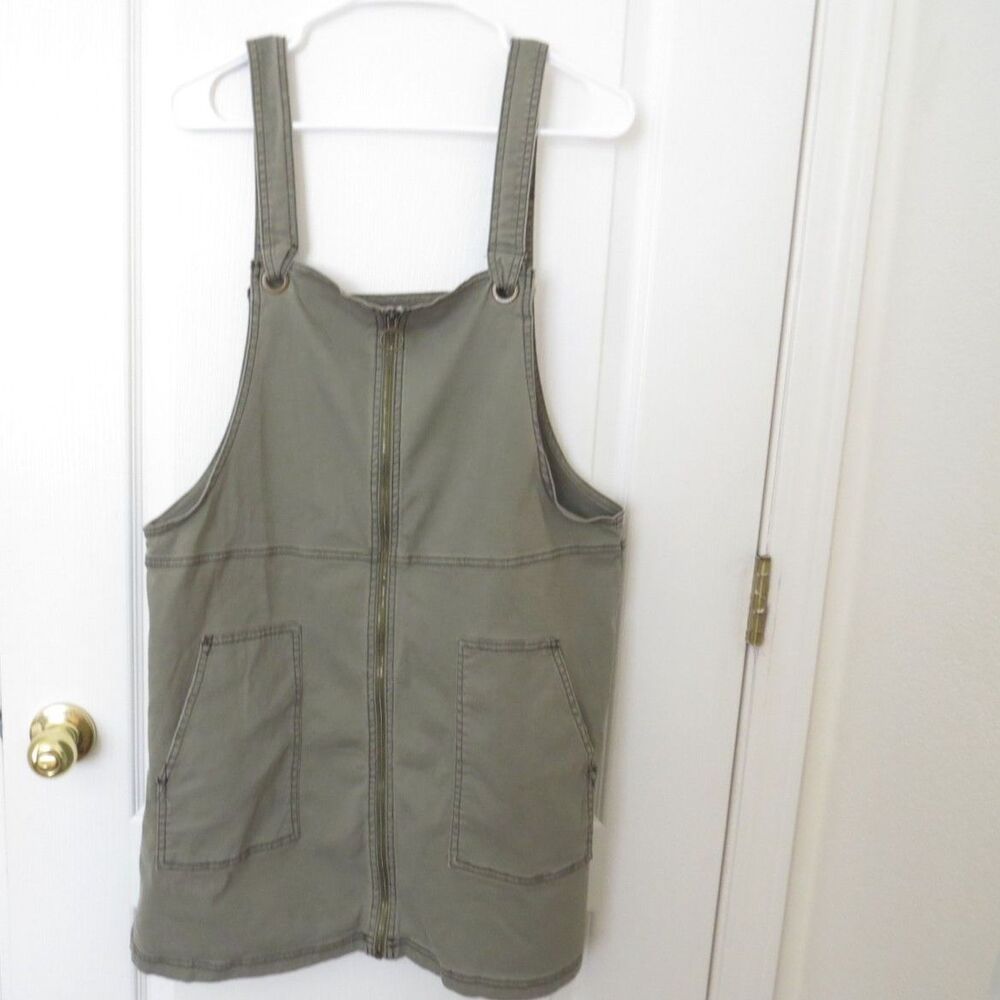 SO Women's Zip Front Overall Pinafore Dress Cotton Olive Cottagecore XXL EUC